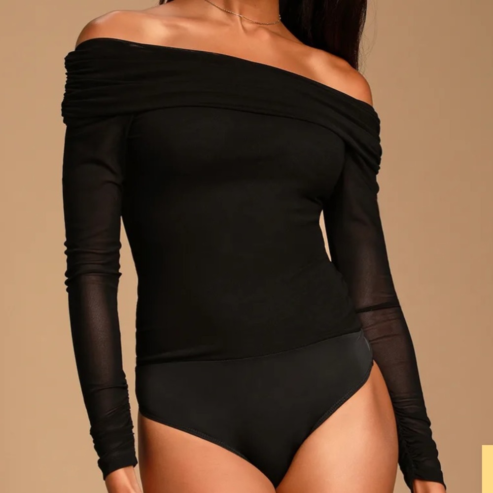 Lulu’s Black Mesh Ruched Off-the-Shoulder Bodysuit